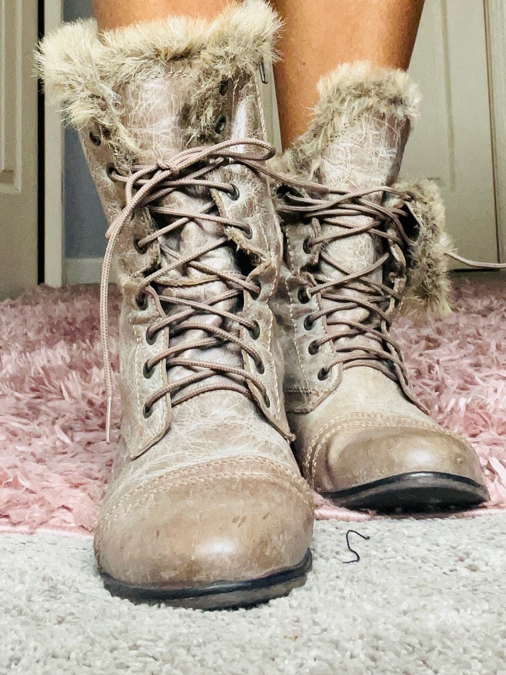 Steve Madden Taupe Lace-Up Faux Fur Combat Boots